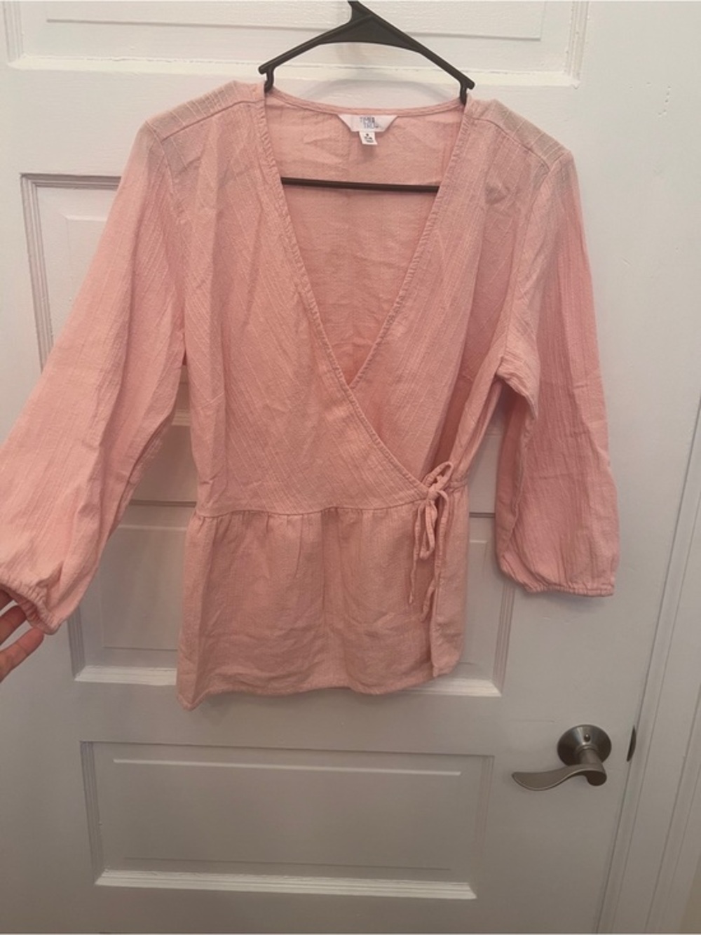 Time and Tru Blush Pink Wrap Peasant Top